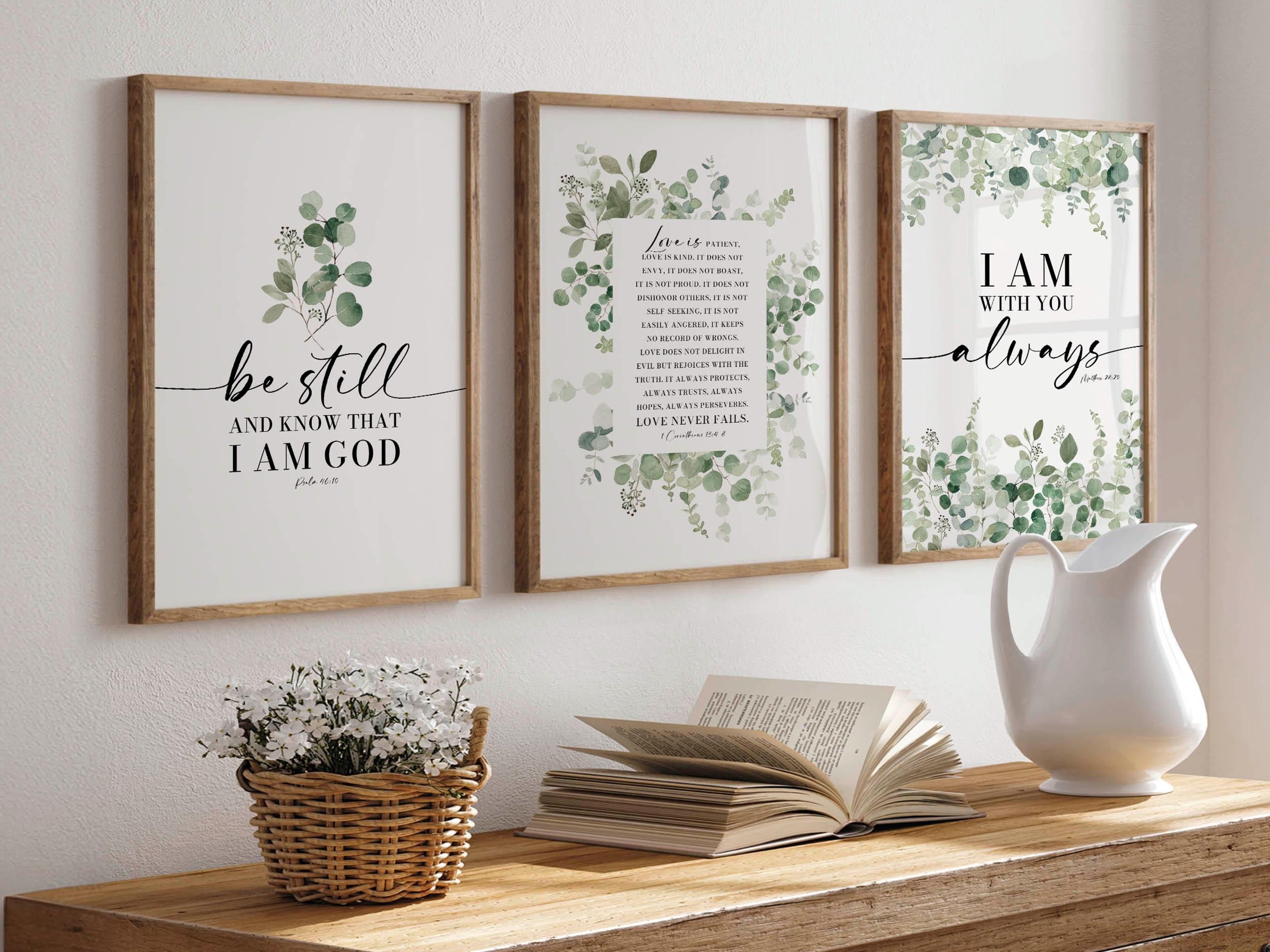 Christian Bible Verse Wall Art Set of 3, Be Still and Know That I Am God Prints, Scripture Poster Set, Botanical Faith Home Decor, Christian Gift